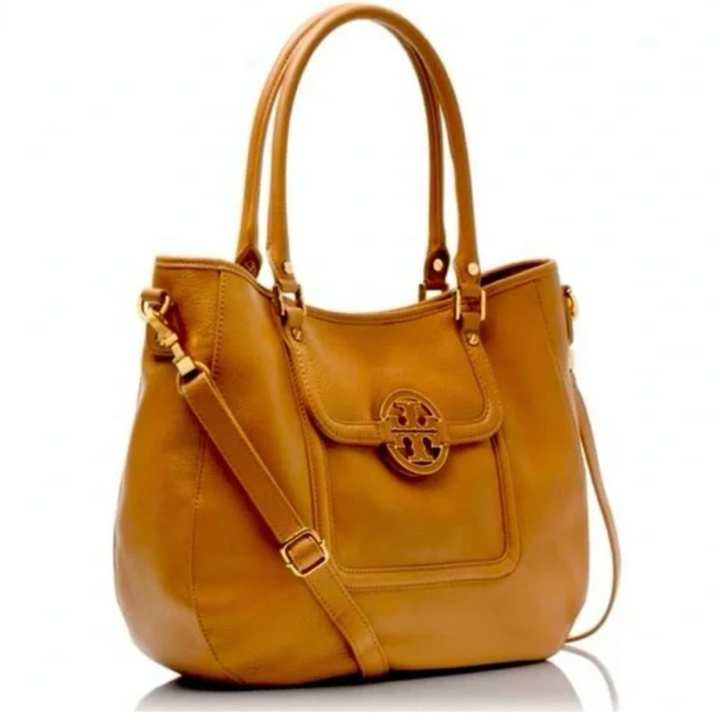Tory Burch Cognac Leather Shoulder Tote With Logo Flap